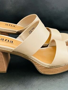 a.n.a Neutral Cream Double-Band Block Heel Mules, Size 7.5
